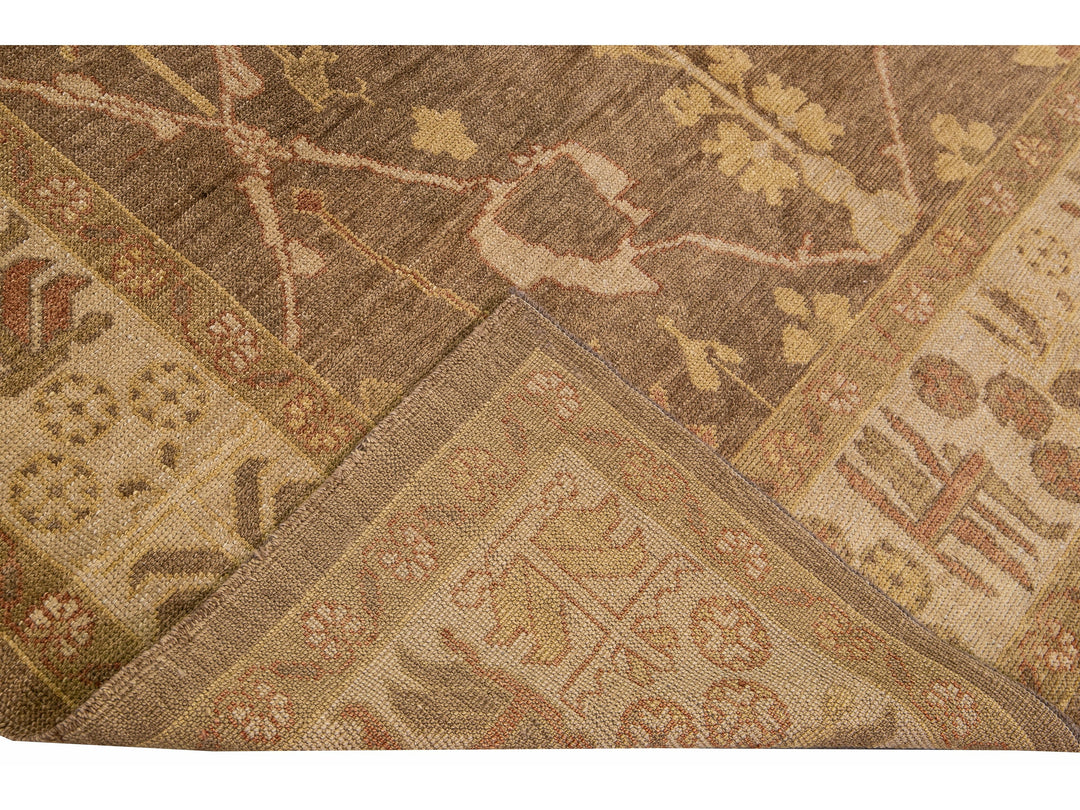 Modern Turkish Oushak Handmade Floral Motif Brown Gallery Wool Rug