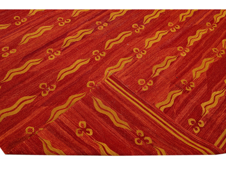 Modern Rust Kilim Flatweave Geometric Pattern Wool Rug