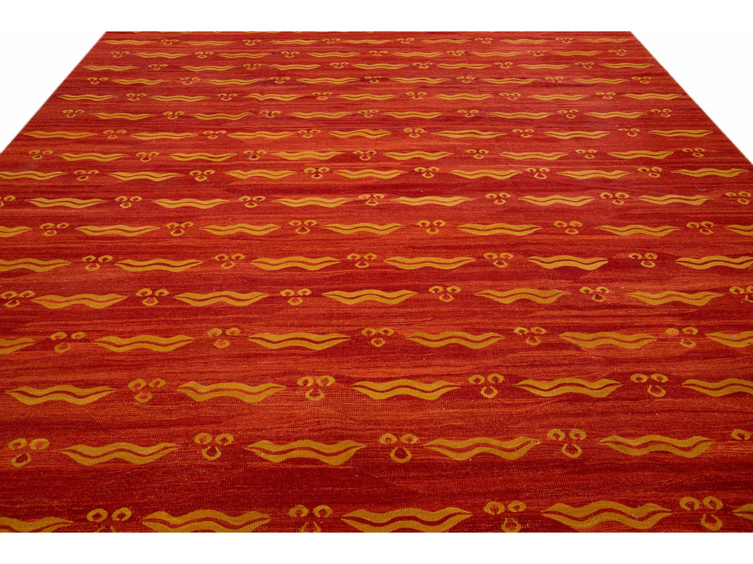 Modern Rust Kilim Flatweave Geometric Pattern Wool Rug