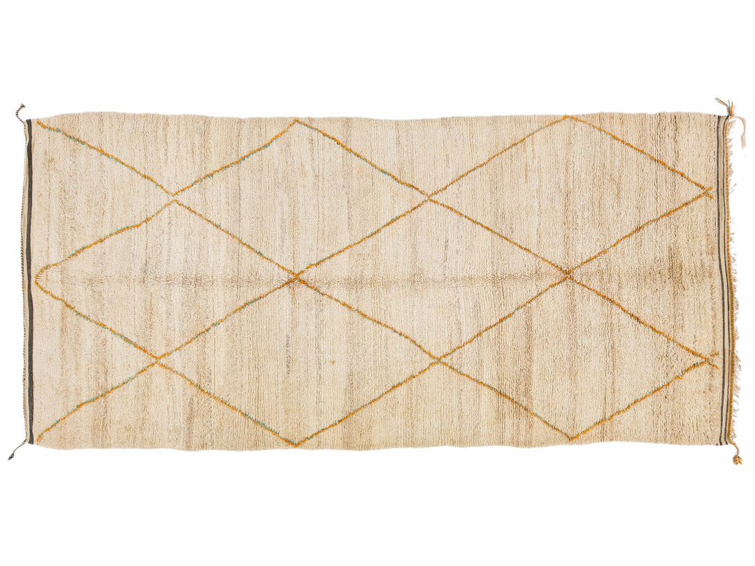 Vintage Moroccan Handmade Tribal Motif Tan Wool Rug