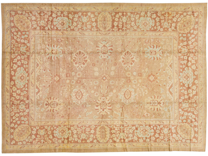 Tan Modern Turkish Oushak Handmade Wool Rug With Floral Motif