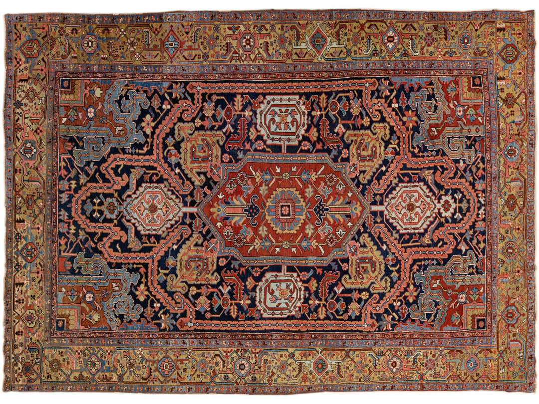 Antique Persian Heriz Handmade Allover Designed Blue Wool Rug