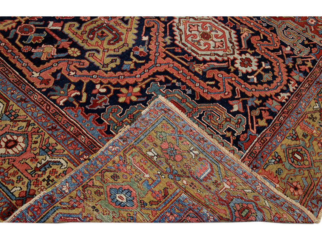 Antique Persian Heriz Handmade Allover Designed Blue Wool Rug
