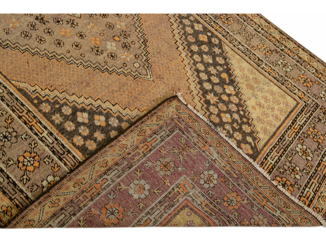 Antique Khotan Handmade Tan Medallion Wool Rug
