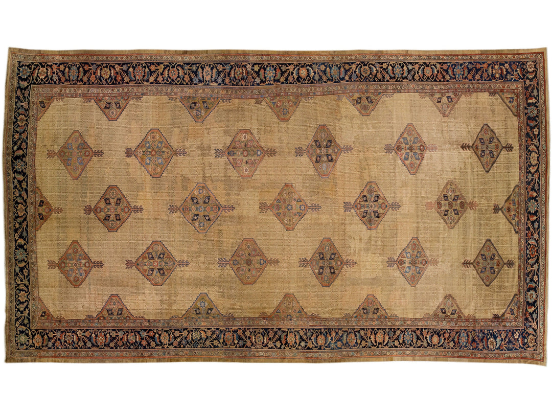 Antique Persian Hamadan Tan Handmade Geometric Motif Wool Rug