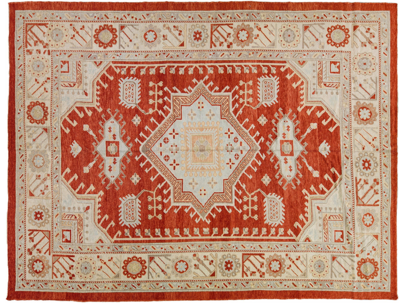 Modern Oushak Handmade Designed Wool Rug With a Terracotta Orange Color