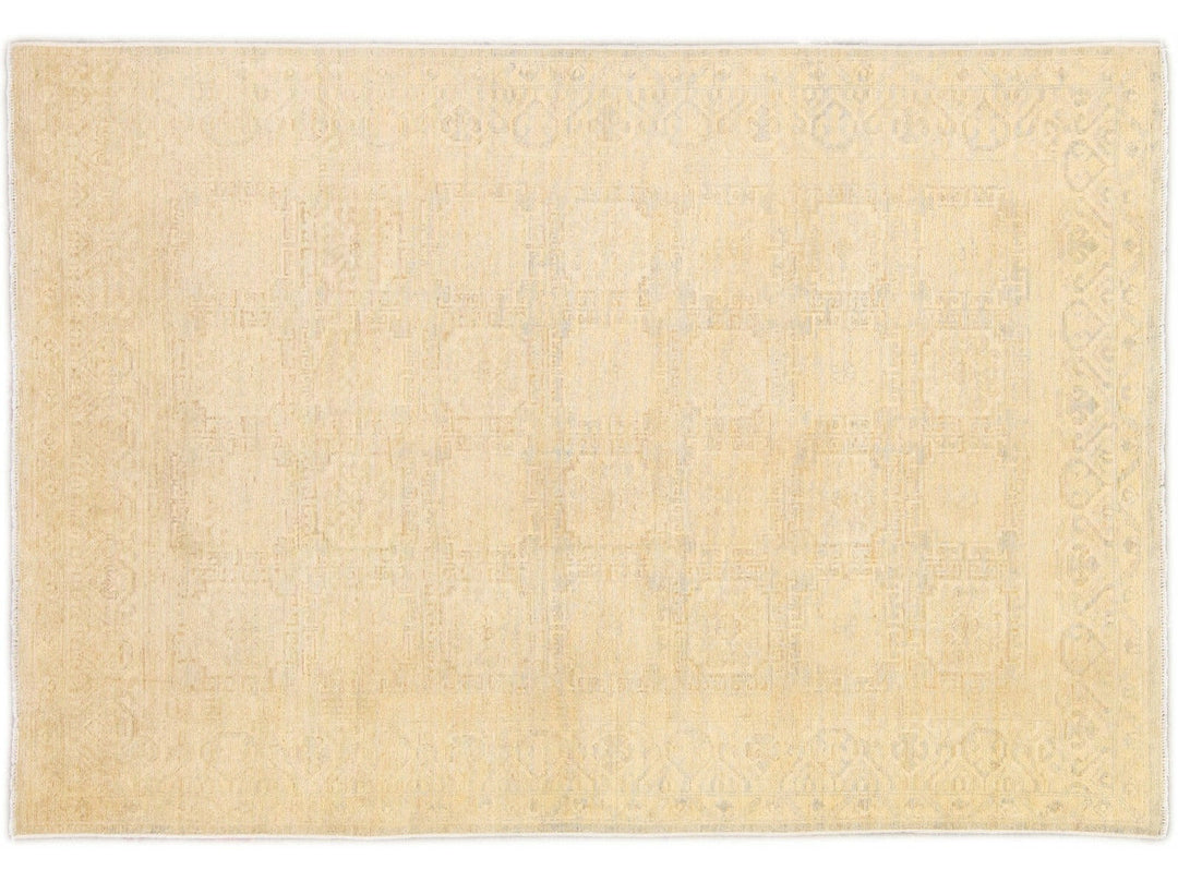 Modern Khotan Style Handmade Allover Designed Beige Wool Rug
