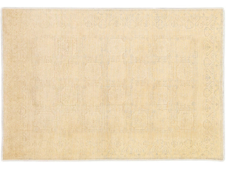 Modern Khotan Style Handmade Allover Designed Beige Wool Rug