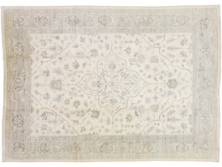 Modern Oushak Handmade Medallion Motif Beige Wool Rug
