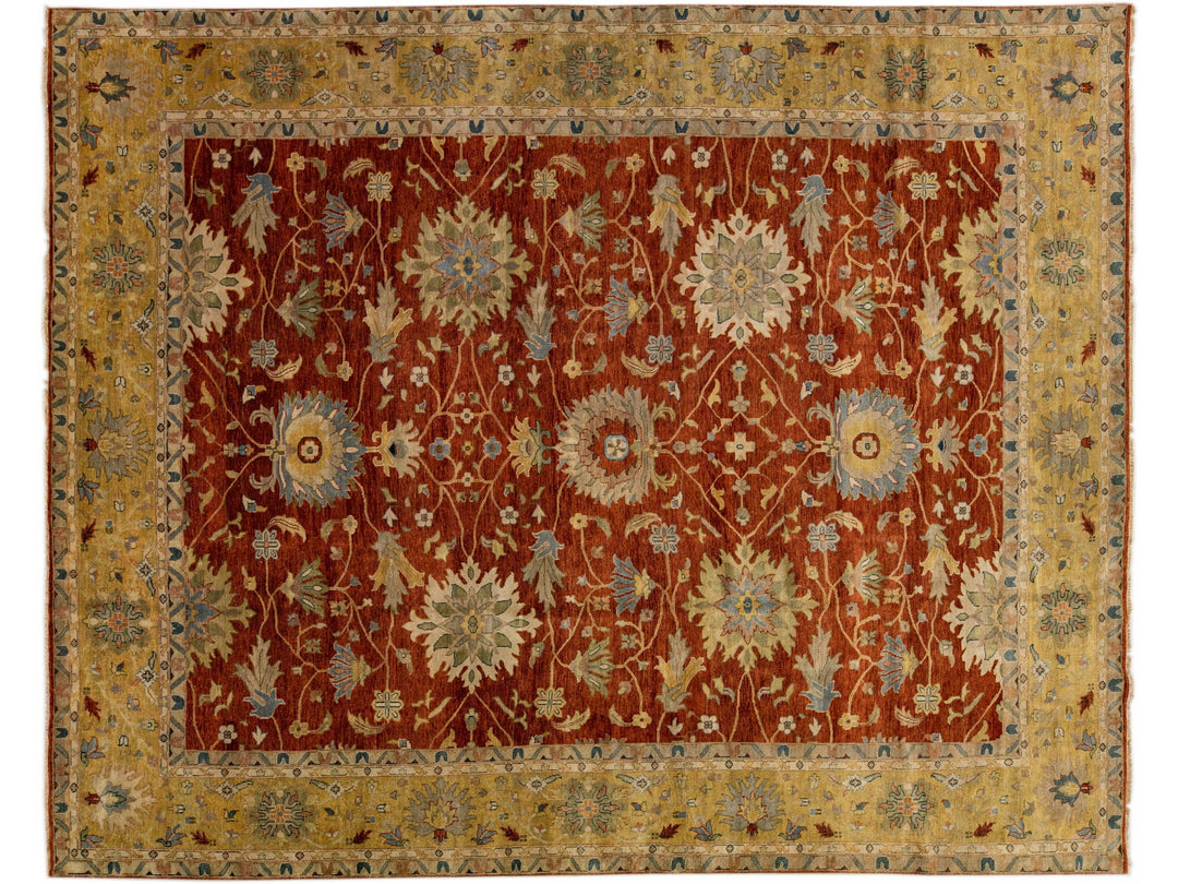 Modern Mahal Handmade Terracotta Oversize Wool Rug with Floral Motif