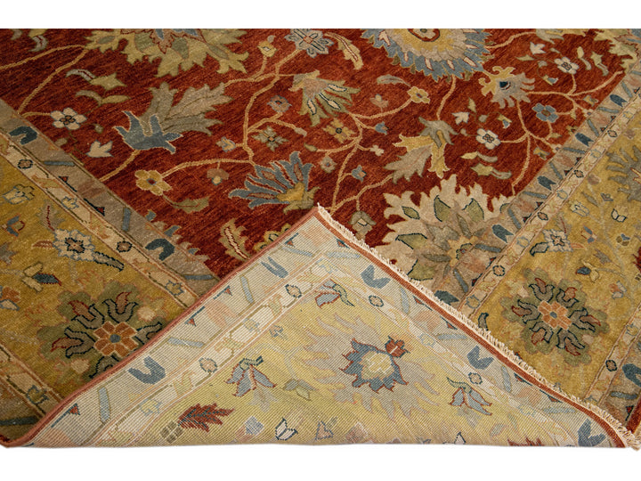 Modern Mahal Handmade Terracotta Oversize Wool Rug with Floral Motif