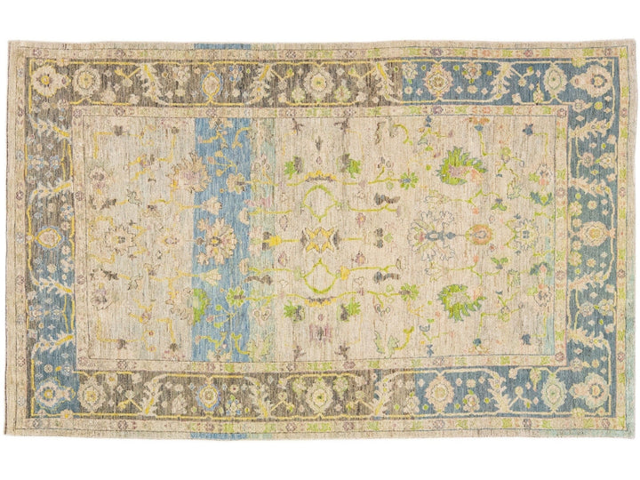 Modern Turkish Oushak Handmade Beige Wool Rug With Floral Pattern