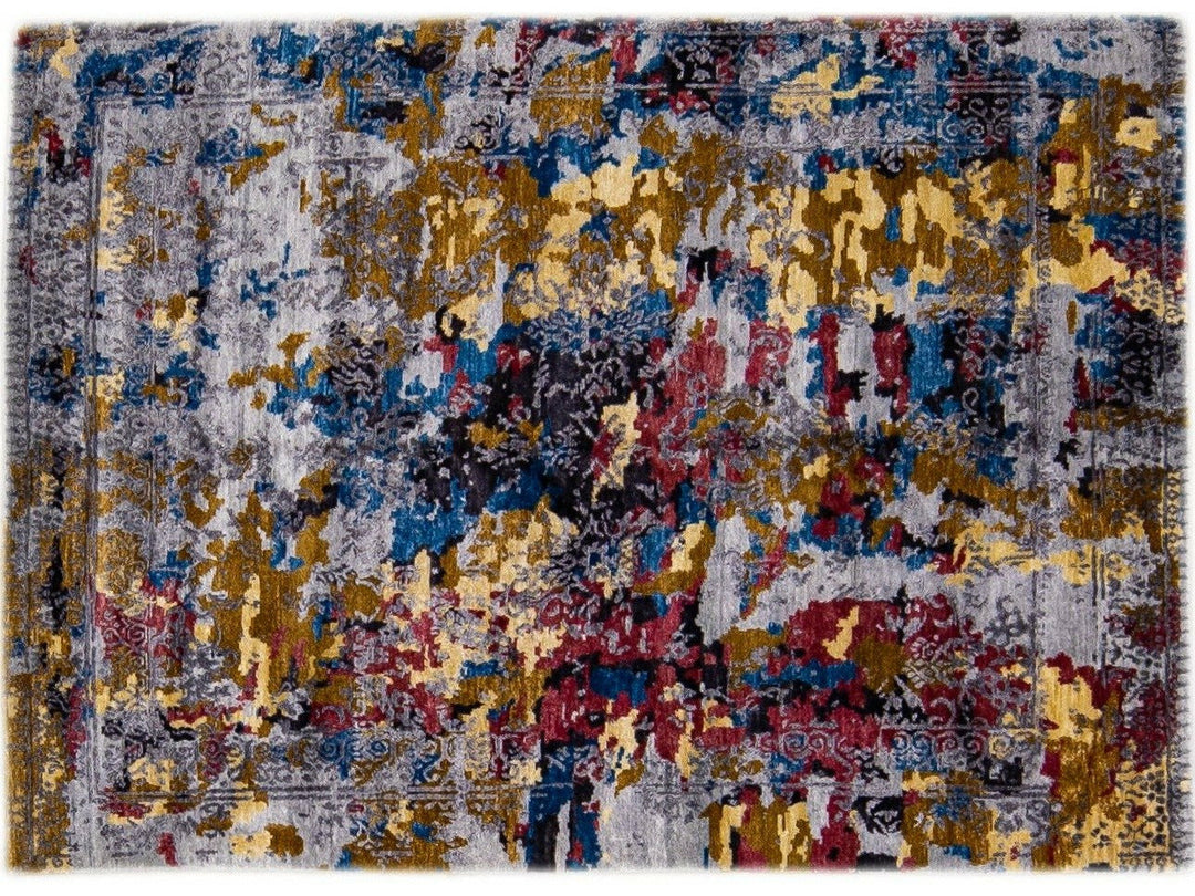 Modern Abstract Indian Handmade Multicolor Wool and Silk Rug
