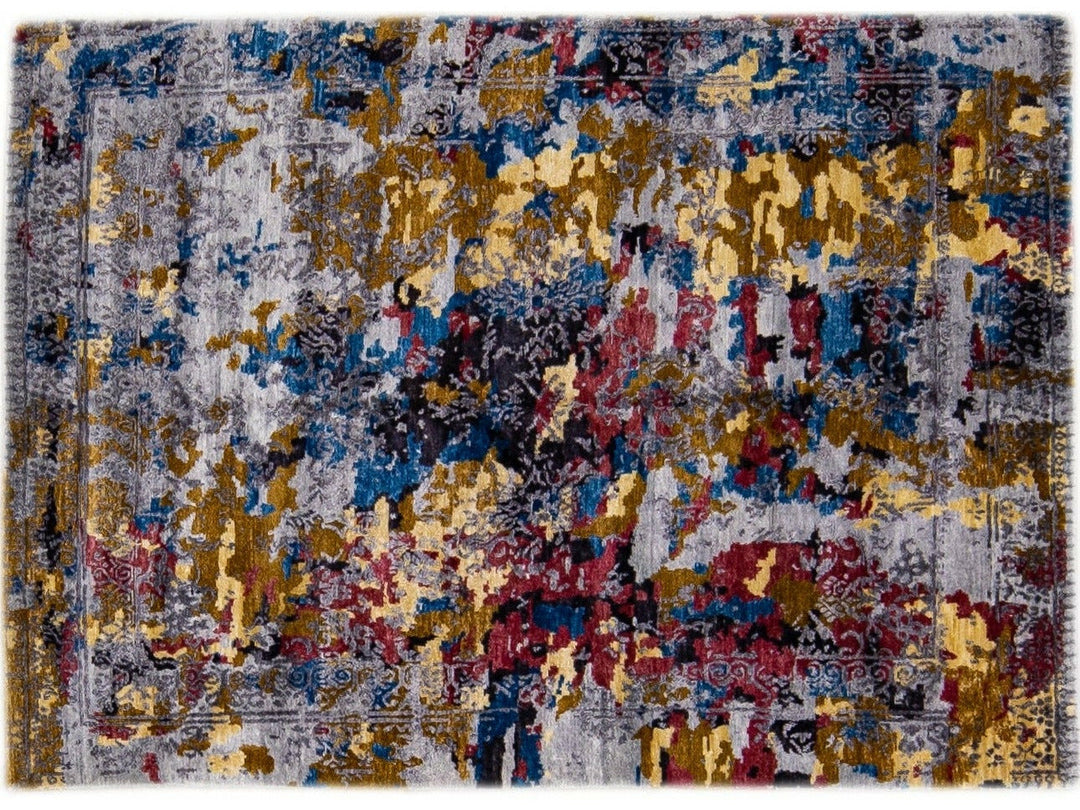 Modern Abstract Indian Handmade Multicolor Wool and Silk Rug
