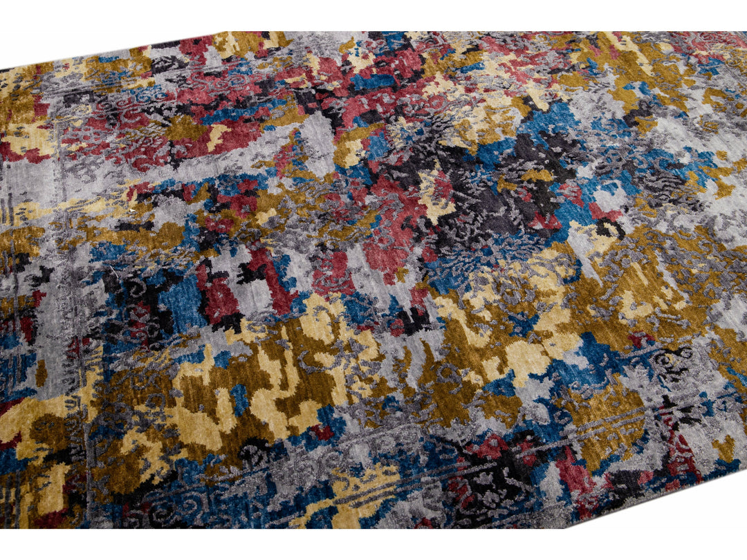 Modern Abstract Indian Handmade Multicolor Wool and Silk Rug