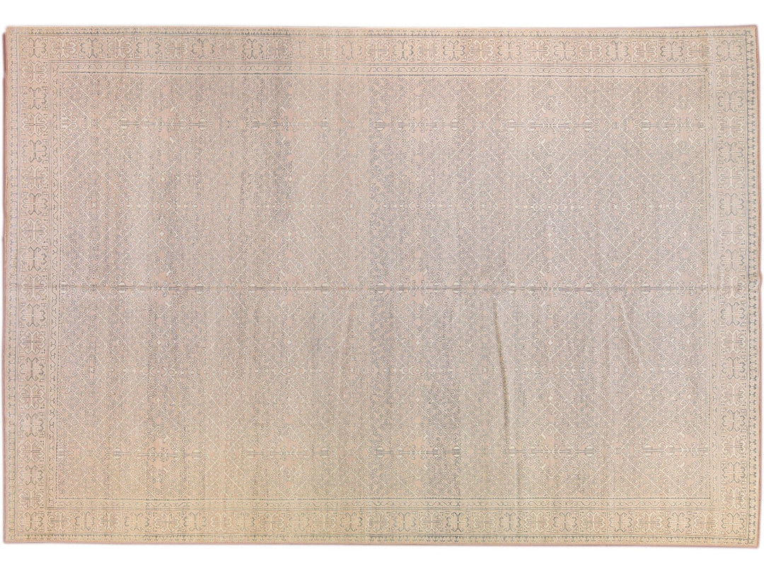 Contemporary Khotan Handmade Geometric  Light Pink Wool Rug