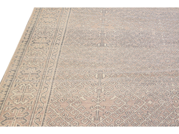 Contemporary Khotan Handmade Geometric  Light Pink Wool Rug