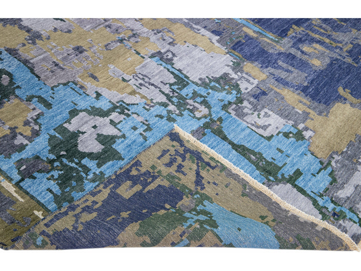 Modern Abstract Indian Handmade Blue Wool and Silk Rug