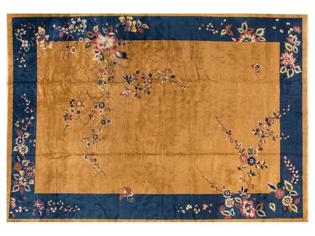Antique Goldenrod Chinese Art Deco Wool Rug 12 X 18