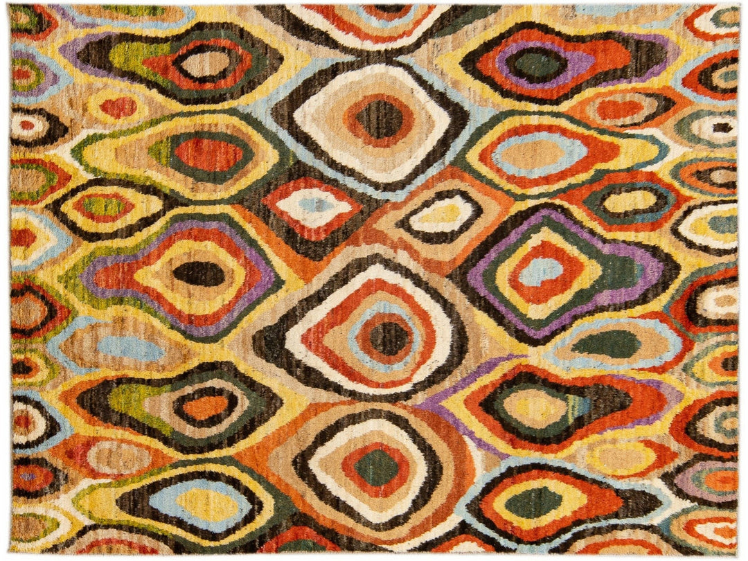 Beige Modern Moroccan Style Handmade Multicolor Abstract Motif Wool Rug
