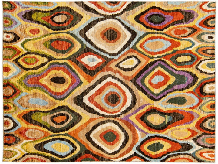 Beige Modern Moroccan Style Handmade Multicolor Abstract Motif Wool Rug