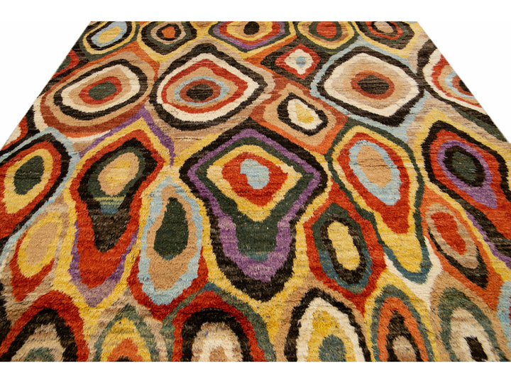 Beige Modern Moroccan Style Handmade Multicolor Abstract Motif Wool Rug