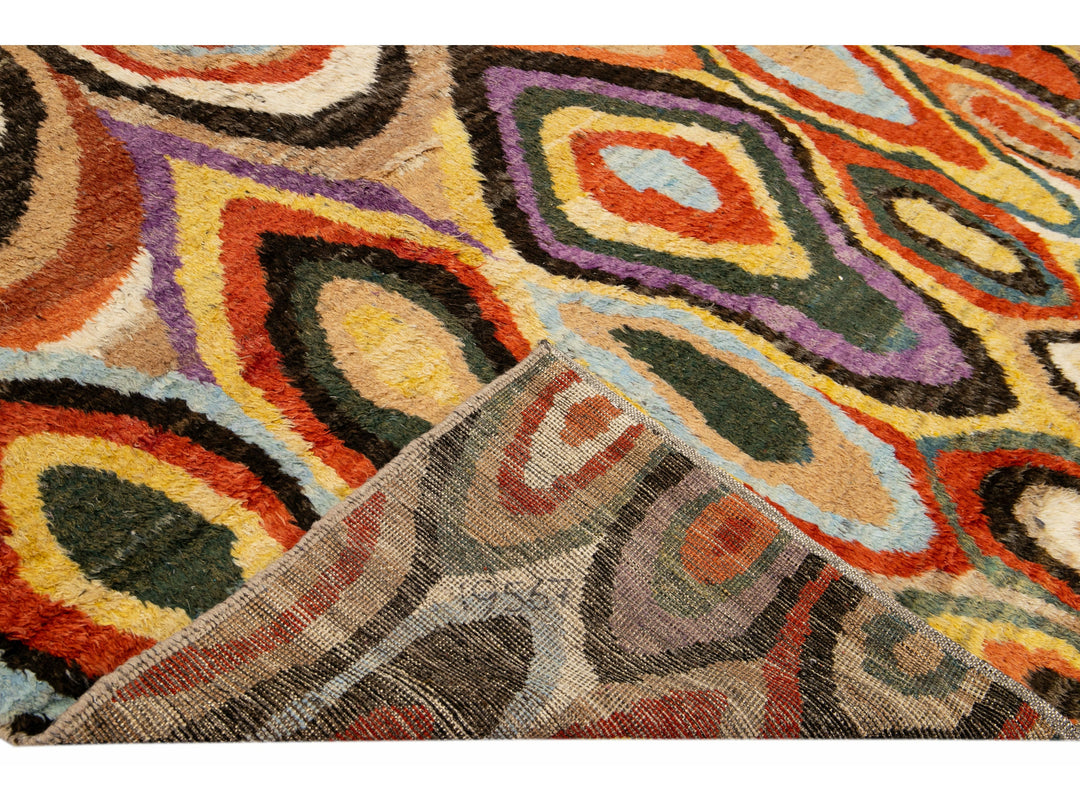 Beige Modern Moroccan Style Handmade Multicolor Abstract Motif Wool Rug