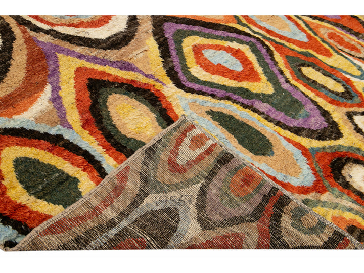 Beige Modern Moroccan Style Handmade Multicolor Abstract Motif Wool Rug