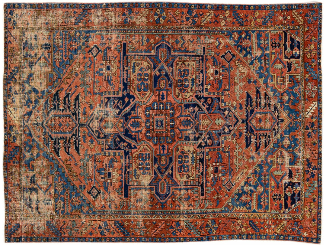 Antique Heriz Persian Handmade Medallion Motif Rusted Wool Rug