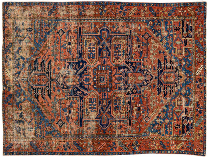 Antique Heriz Persian Handmade Medallion Motif Rusted Wool Rug