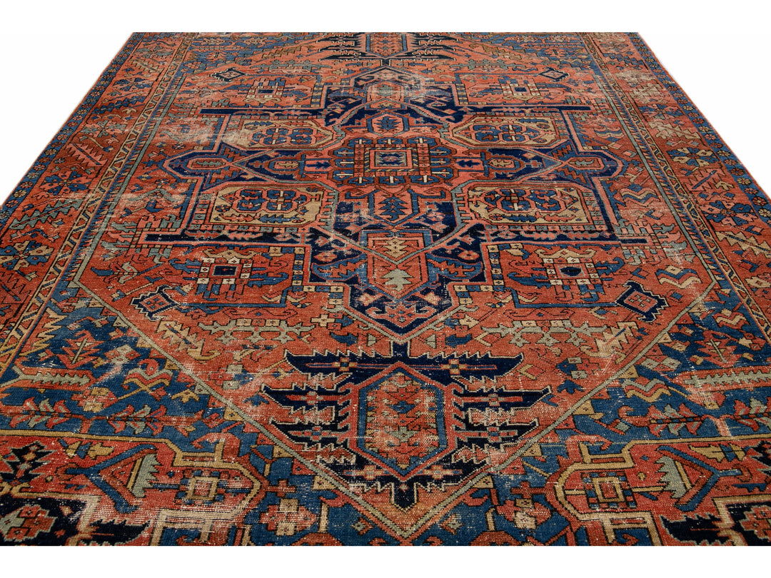 Antique Heriz Persian Handmade Medallion Motif Rusted Wool Rug