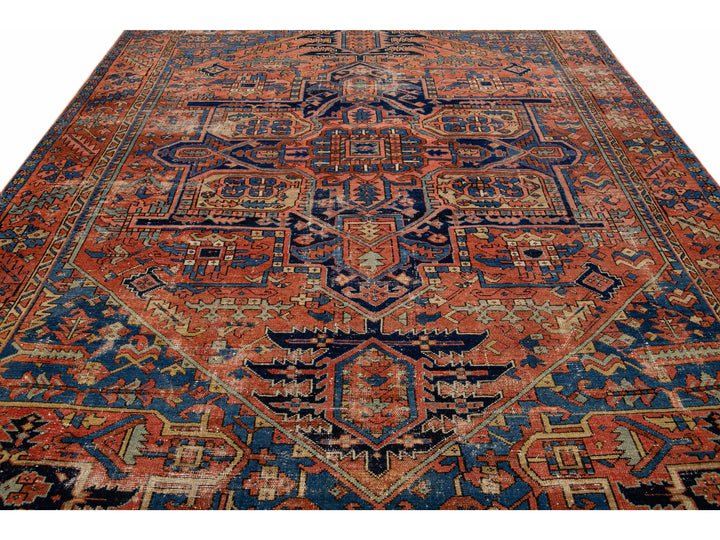 Antique Heriz Persian Handmade Medallion Motif Rusted Wool Rug