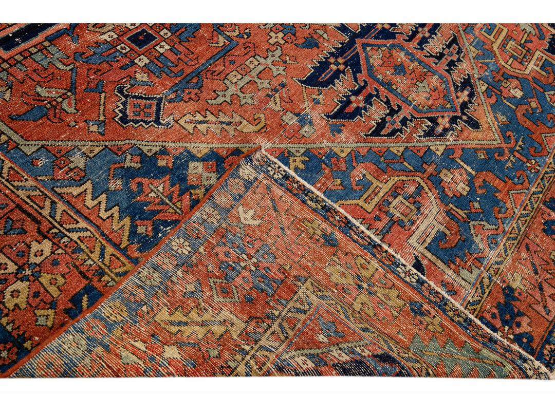 Antique Heriz Persian Handmade Medallion Motif Rusted Wool Rug