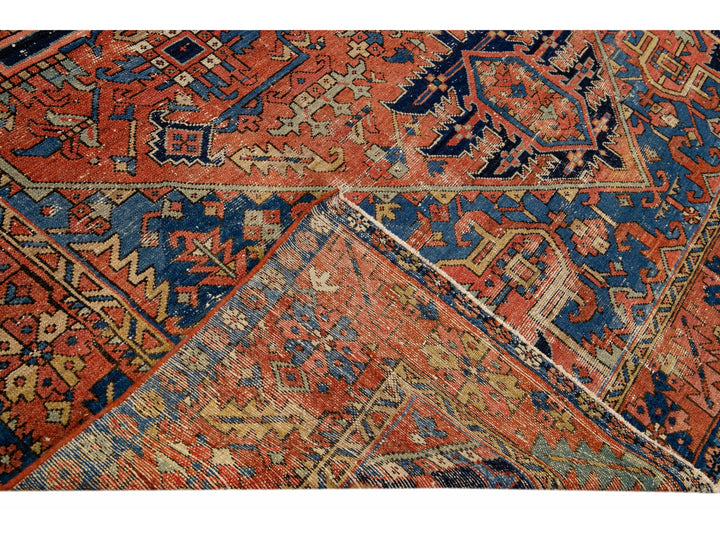 Antique Heriz Persian Handmade Medallion Motif Rusted Wool Rug