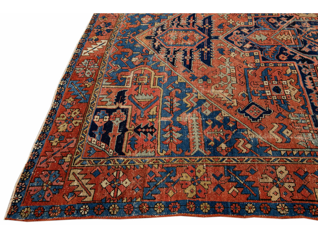 Antique Heriz Persian Handmade Medallion Motif Rusted Wool Rug