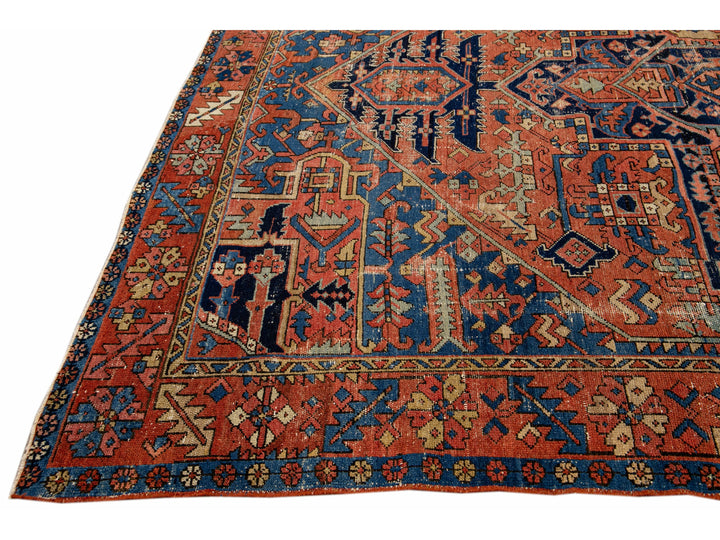 Antique Heriz Persian Handmade Medallion Motif Rusted Wool Rug