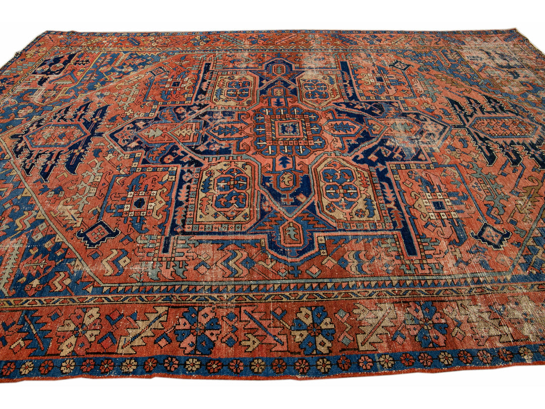 Antique Heriz Persian Handmade Medallion Motif Rusted Wool Rug