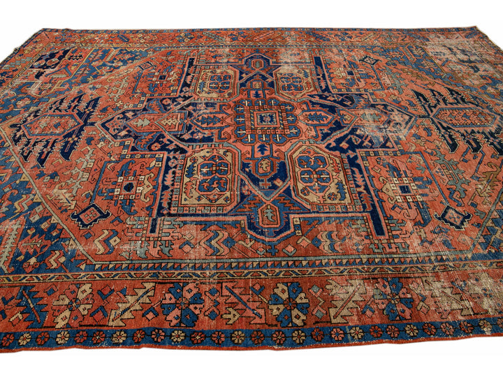 Antique Heriz Persian Handmade Medallion Motif Rusted Wool Rug