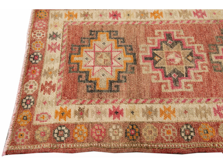 Antique Anatolian Village Handmade Medallion Designed Rusted Wool Runner