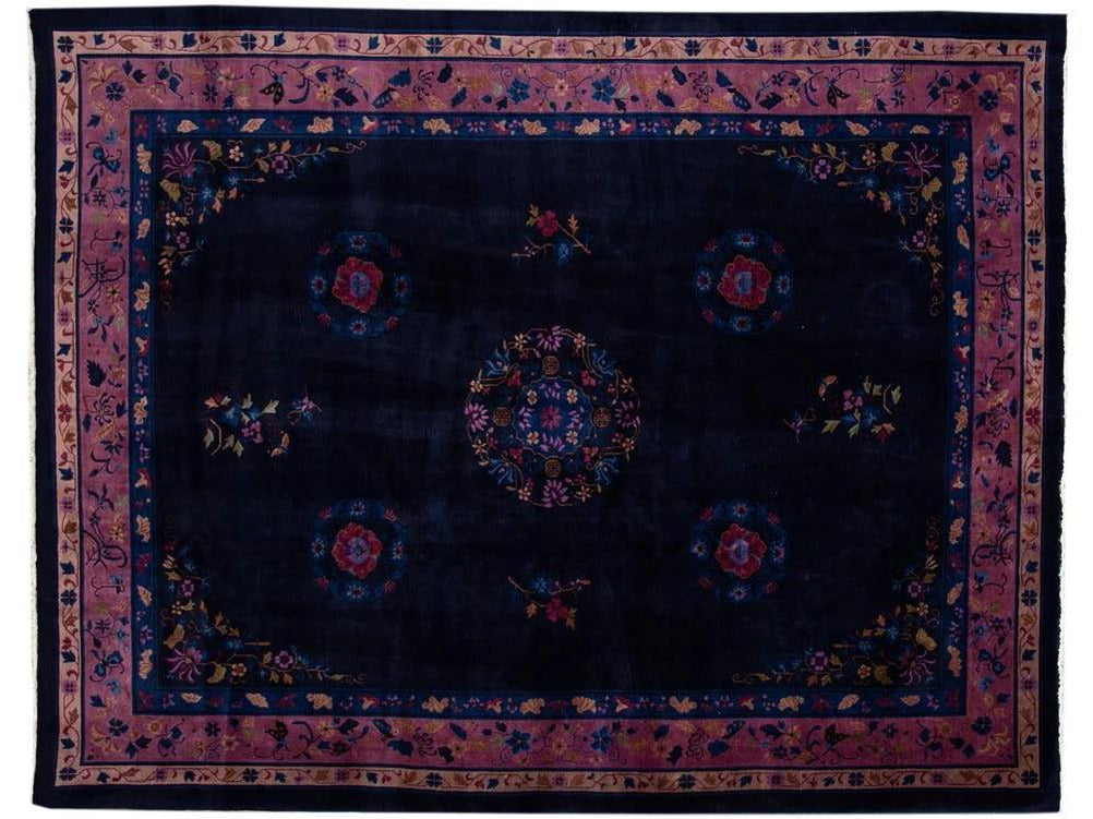 Antique Art Deco Dark Indigo Chinese Wool Rug  9 X 12