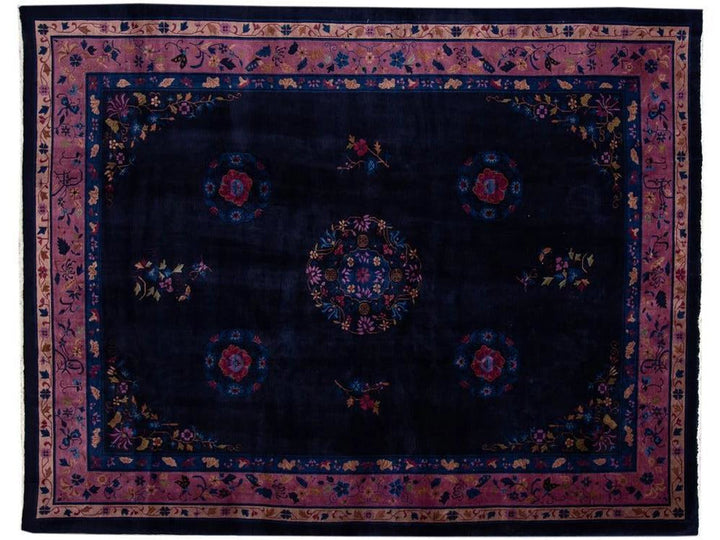 Antique Art Deco Dark Indigo Chinese Wool Rug  9 X 12