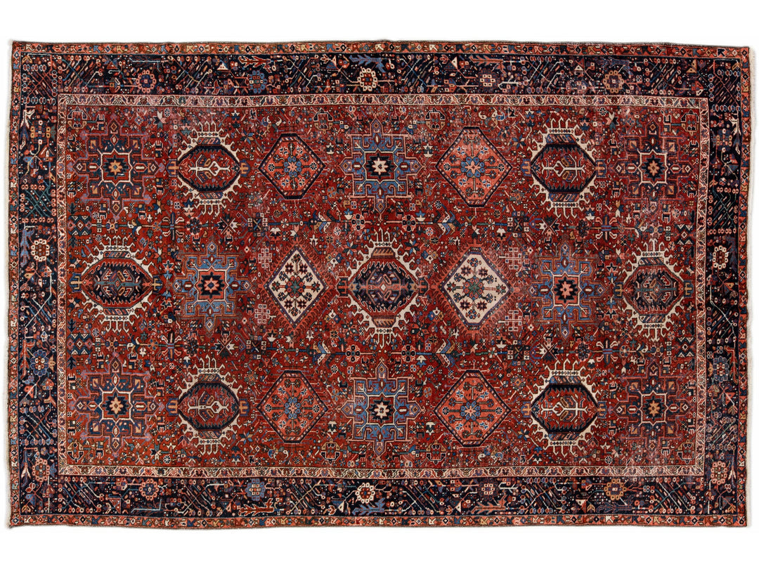 Red Antique Persian Heriz Handmade Allover Geometric Wool Rug
