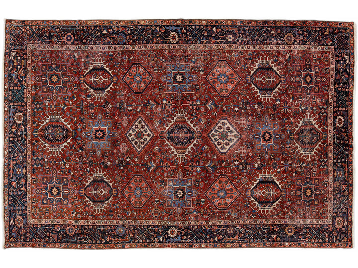 Red Antique Persian Heriz Handmade Allover Geometric Wool Rug