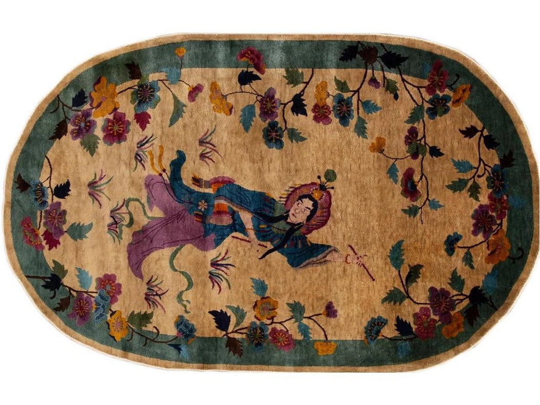 Vintage Chinese Art Deco Oval Rug 5 X 8