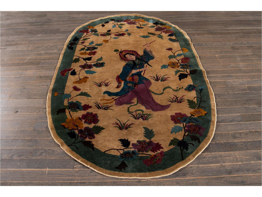 Vintage Chinese Art Deco Oval Rug 5 X 8