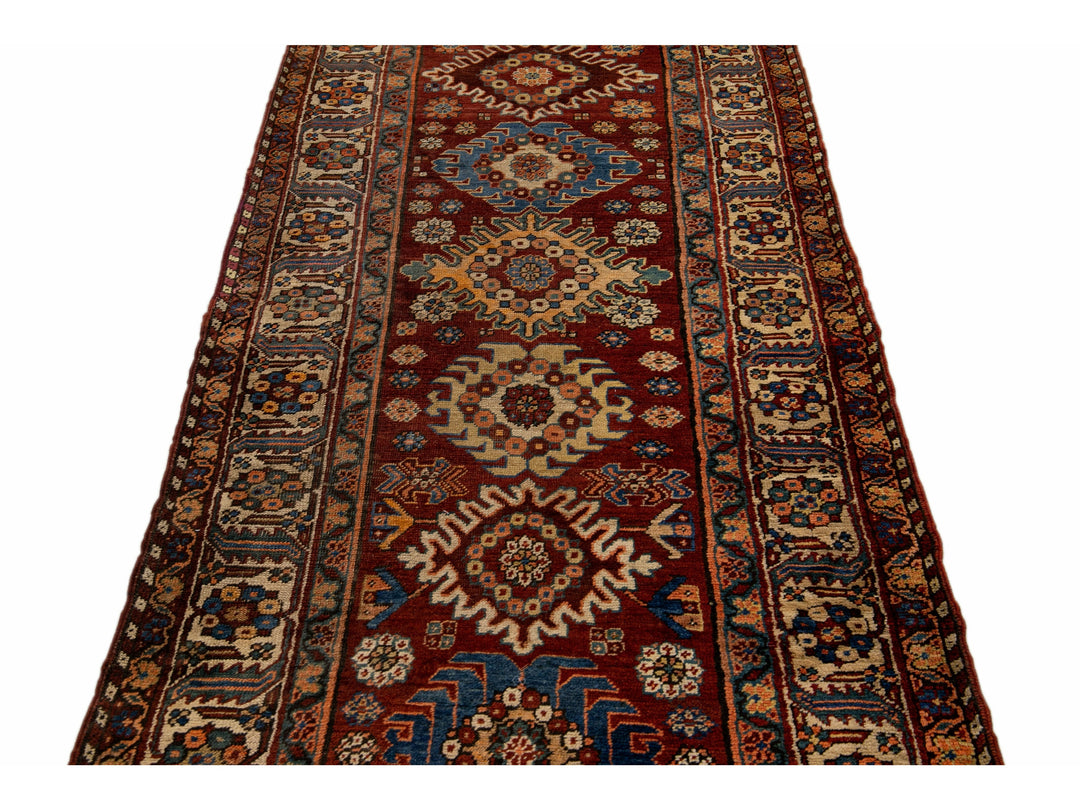 Red Antique Serapi Persian Handmade Multi Medallion Motif Wool Runner