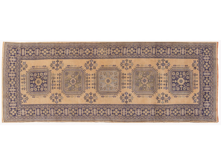 Vintage Turkish Handmade Tribal Motif Tan & Blue Wool Runner