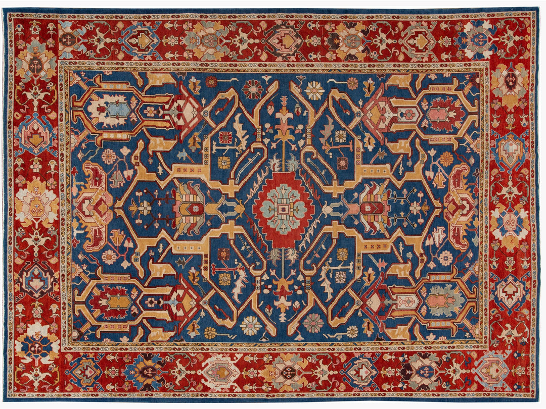 Red Vintage Turkish Handmade Navy Blue Wool Rug With Allover Motif