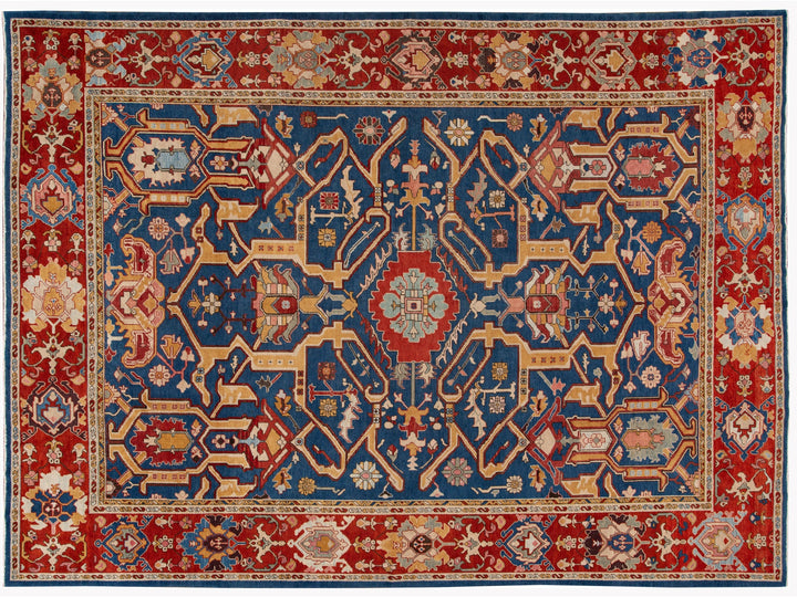 Red Vintage Turkish Handmade Navy Blue Wool Rug With Allover Motif