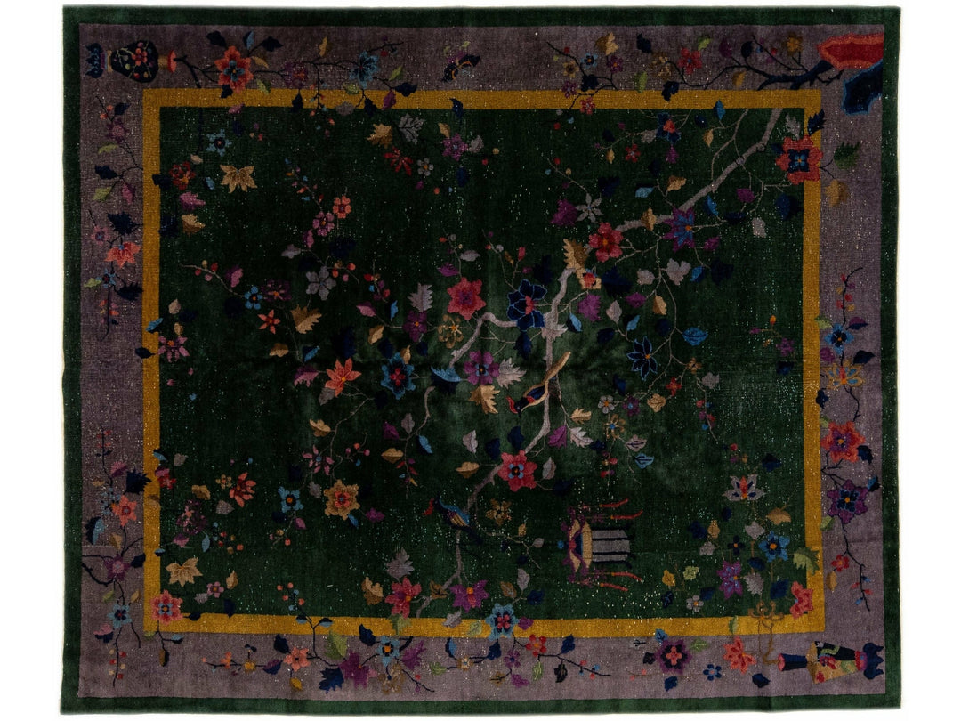 Antique Green Art Deco Chinese Handmade Floral Wool Rug 8 Ft 1 X 9 Ft 8 In.
